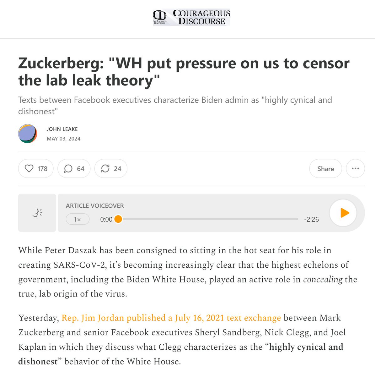 .@Jim_Jordan published a July 16, 2021 text exchange between Mark Zuckerberg and senior @facebook executives Sheryl Sandberg, Nick Clegg, and Joel Kaplan in which they discuss what Clegg characterizes as the “highly cynical and dishonest” behavior of the White House.…
