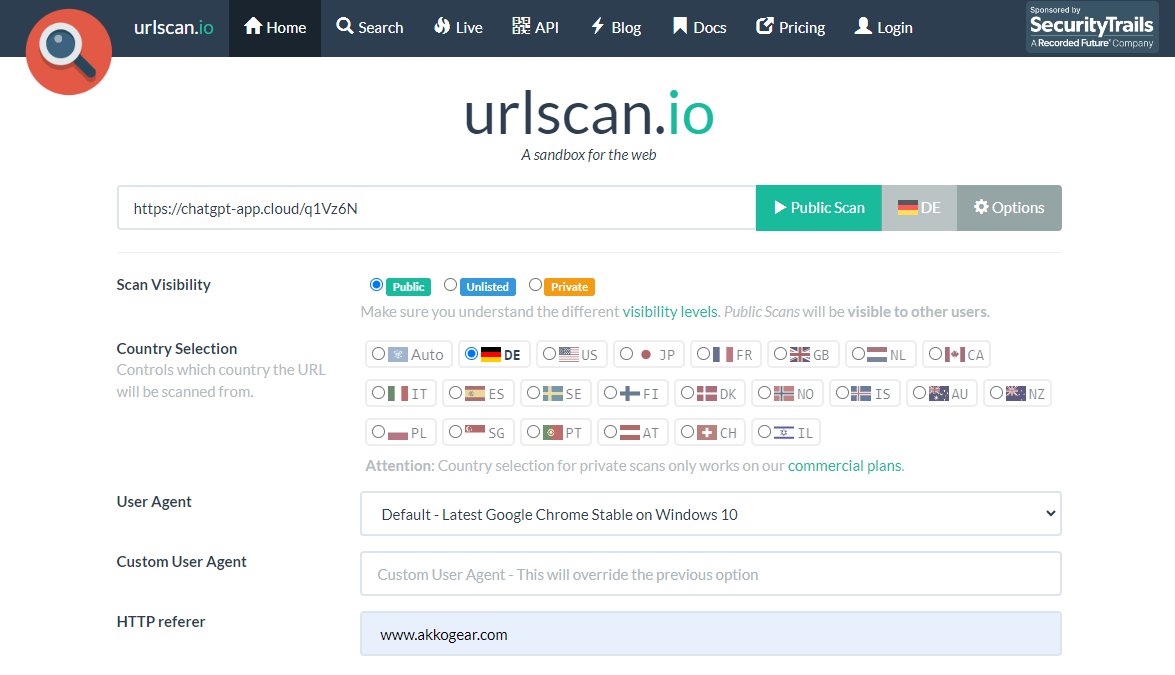Another great showcase of using @urlscanio. You can use Options to specify the HTTP referer and user agent. Let's apply this to the threat case that @DaveLikesMalwre found today. We were able to extract the main culprit (chatgpt-app.]cloud) from the injected script that is…