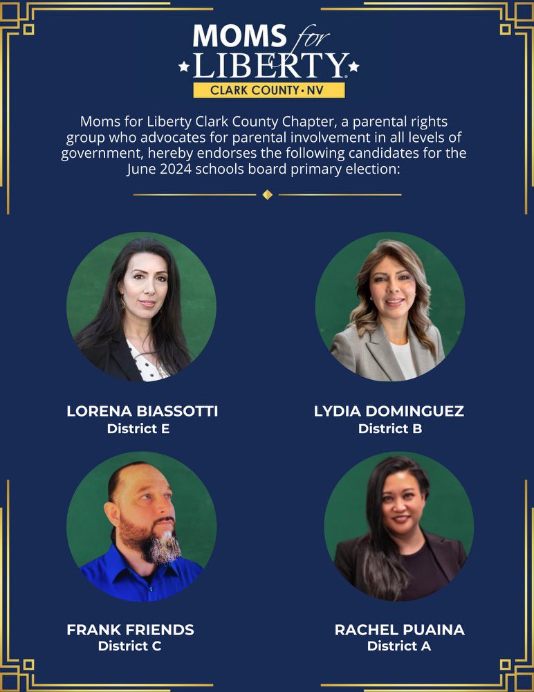 We are endorsing these candidates for CCSD Board, as we are confident that these candidates will represent our mission to fight for the survival of America by unifying, educating and empowering parents in the defense of their parental rights at all levels of government.