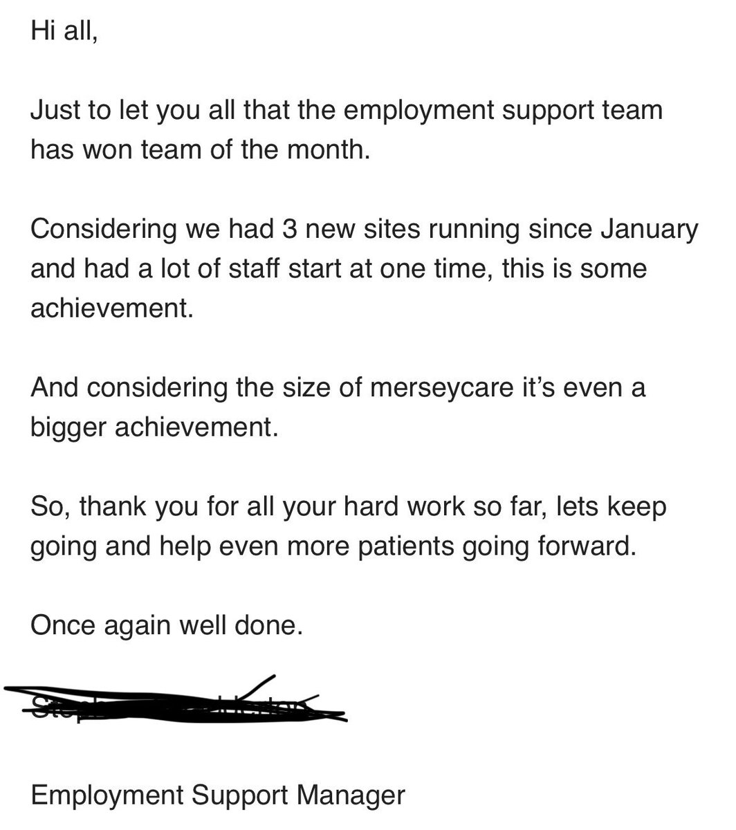 PaulRobertsLD's tweet photo. The employment support team have won team of the month! Amazing since we all only started in January!! I’m so proud to work for @Mersey_Care and proud to support patients on their employment journey https://t.co/CEHeE5LmAM