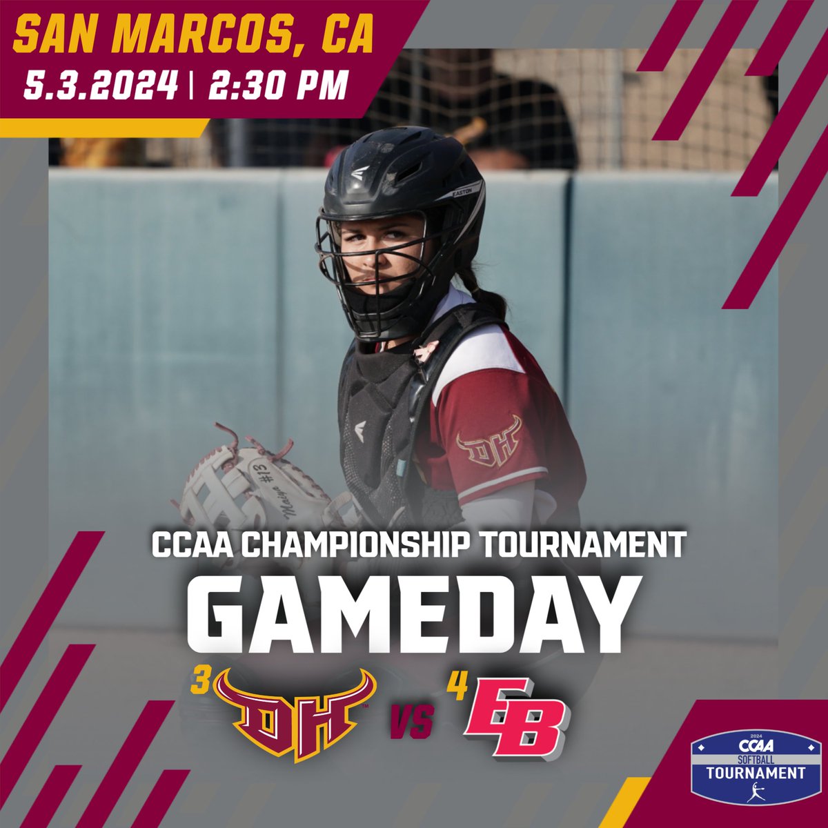 Game is set for @CSUDHsoftball as they will take on Cal State East Bay in the CCAA Championship Tournament! ⏰ - 2:30pm 📍 - San Marcos 🏟️ - CSUSM Softball Field 🎟️ - bit.ly/3VcZVMC 📺 - ccaanetwork.com 📊 - bit.ly/4aXMLIx