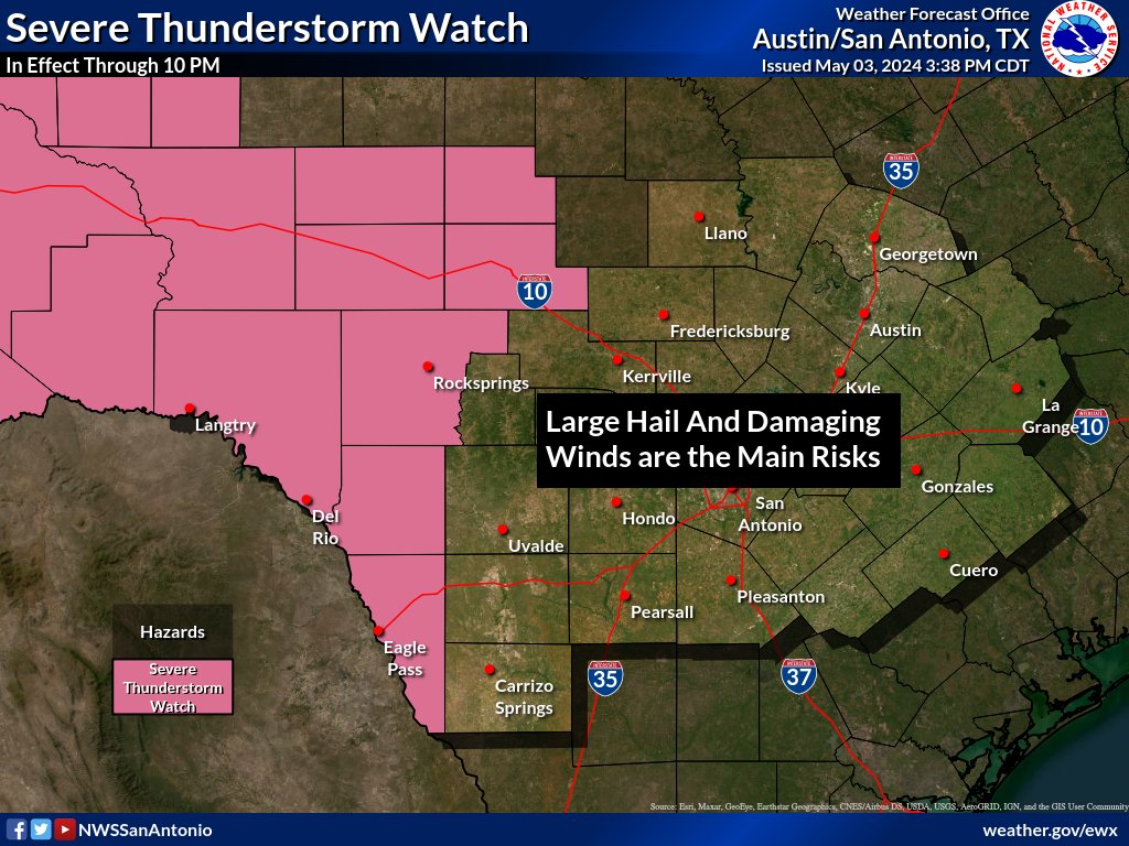 A Severe Thunderstorm Watch is in effect until 10 PM for portions of the Edwards Plateau and Rio Grande Plains. Large hail and damaging wind gusts will be the main hazards.