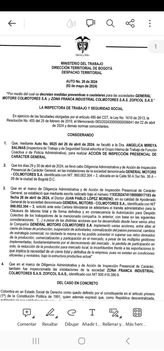 La decisión del @MintrabajoCol de decretar medidas cautelares contra Colmotores, prohibiéndole reorganizarse, disolverse o liquidarse y de mantener la vigencia de los contratos de trabajo hasta tanto no se resuelva la solicitud de despido colectivo marca un hito histórico (1/3)