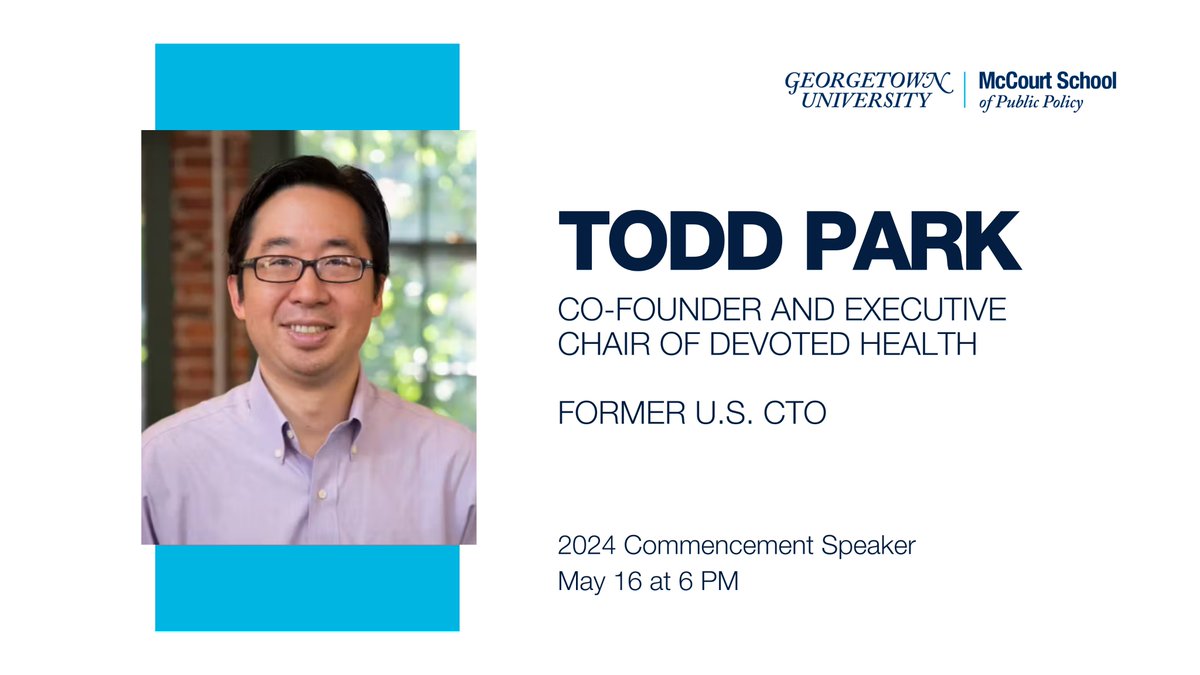 Class of 2024: We're thrilled to announce Todd Park, co-founder and executive chair of @DevotedHealth and former U.S. CTO, as our 2024 Commencement speaker on May 16th! For more information, please visit: georgetown.edu/news/georgetow…