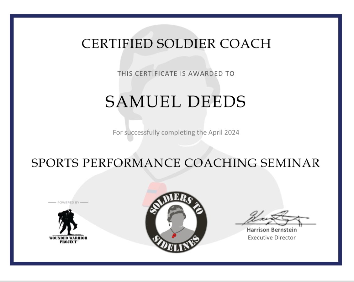 So this happened.  Certified Sports Performance Coach through <a href="/Soldier2Sidelin/">Soldiers to Sidelines</a> .  #earnyourwhistle  Bring on the Football Coaches Seminar.