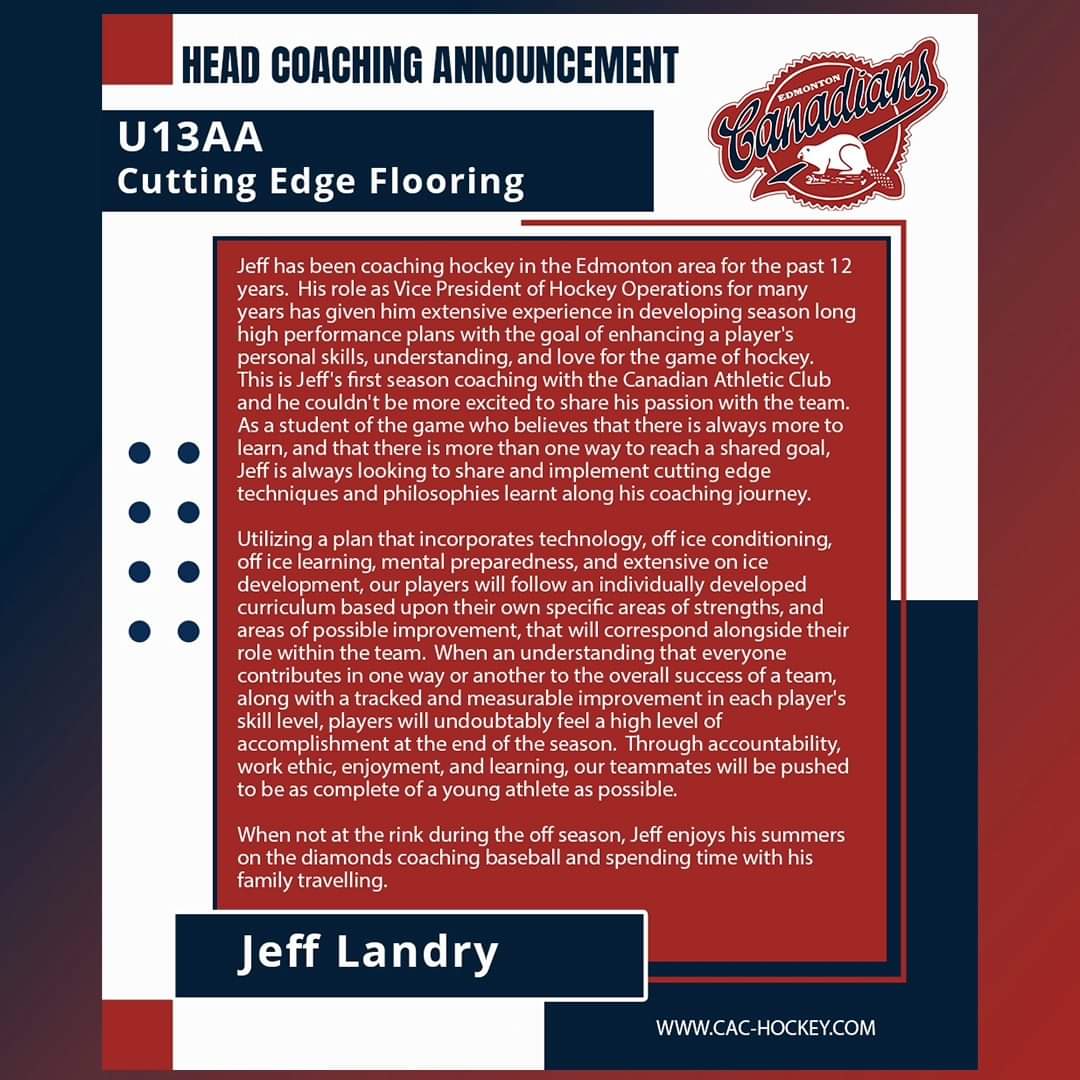 🚨 Exciting News! 🚨 Thrilled to announce Jeff Landry as the new Head Coach for the CAC Hockey U13AA Cutting Edge Flooring team! With his expertise and passion for the game, we're ready to take the CAC Hockey Club to the next level! 🏒 #CACProud