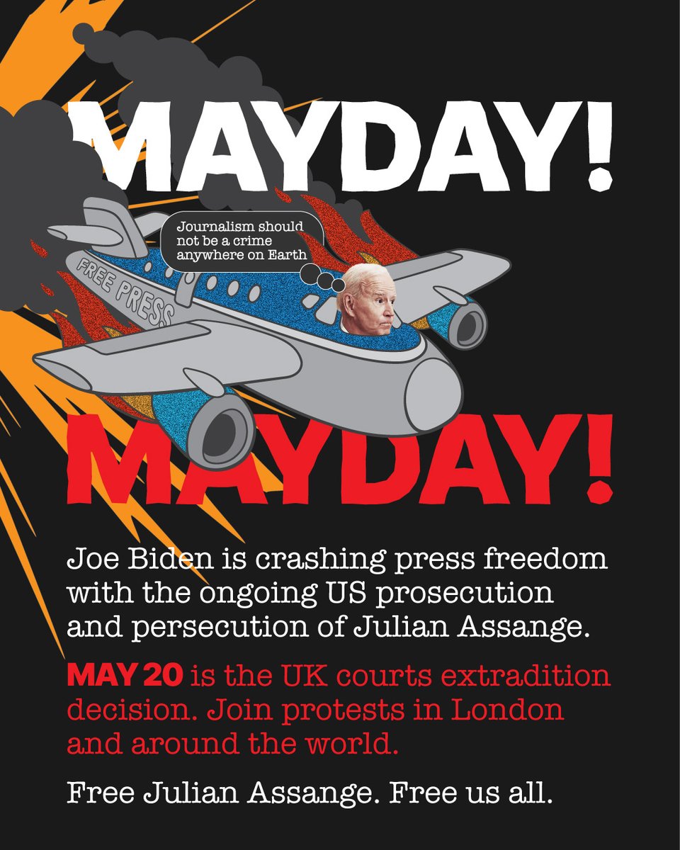 Joe Biden is crashing press freedom with the ongoing US prosecution and persecution of Julian Assange. MAY 20 is the UK courts extradition decision. Join protests in London and around the world. Free Julian Assange. Free us all. #WorldPressFreedomDay2024 #WPFD #LetHimGoJoe