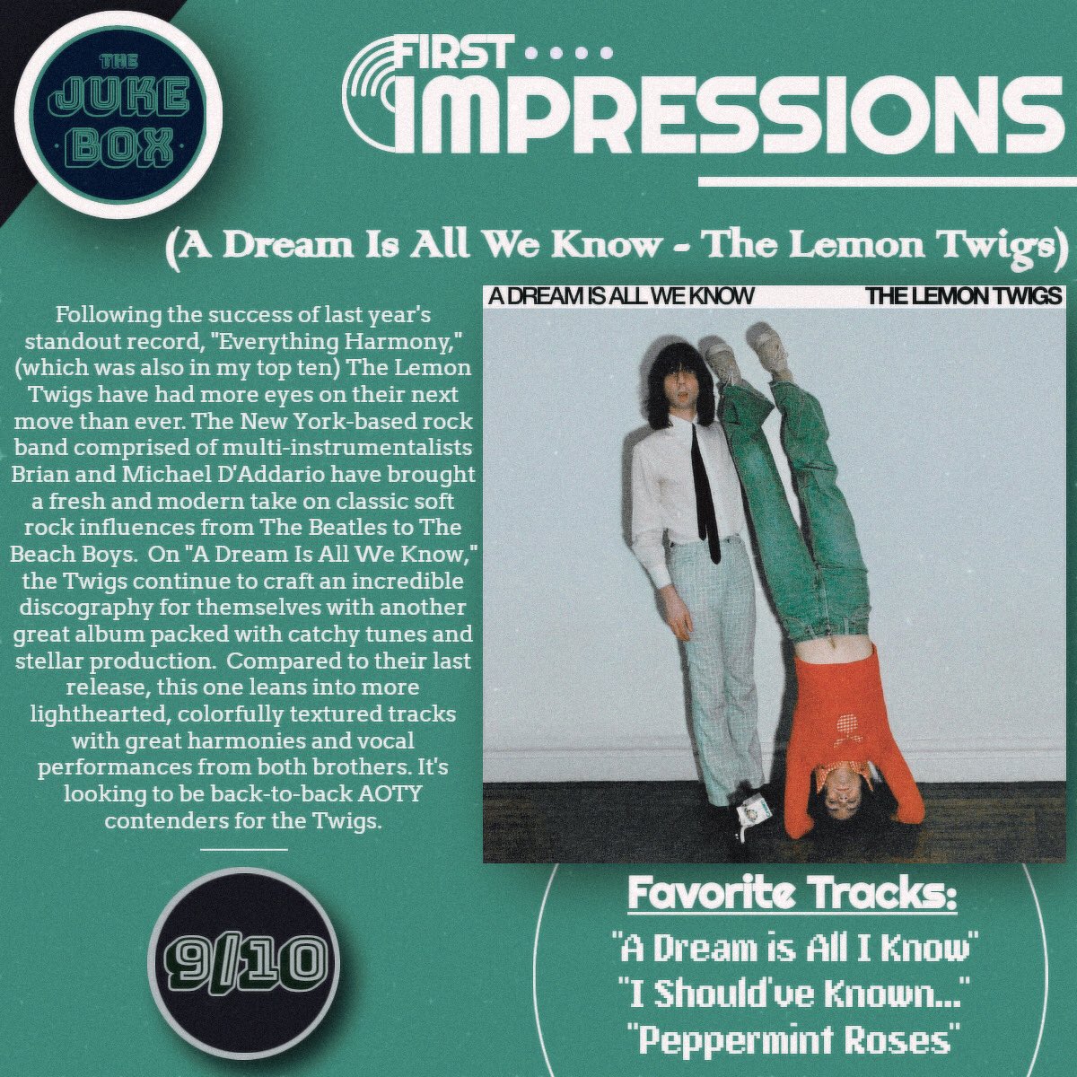 First impressions of The Lemon Twigs’ new record - “A Dream Is All We Know.” Definitely worth a listen this week 💿⭐️
#AlbumReview #IndieRock #NewMusic