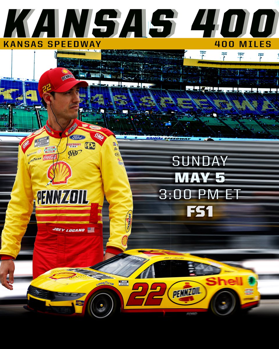 Kansas Race Weekend 

SAT:
5:05PM ET - CUP Practice on FS1
5:50PM ET - CUP Qualifying on FS1
SUN:
3:00PM ET - #NASCAR CUP Race

@Team_Penske @FordPerformance