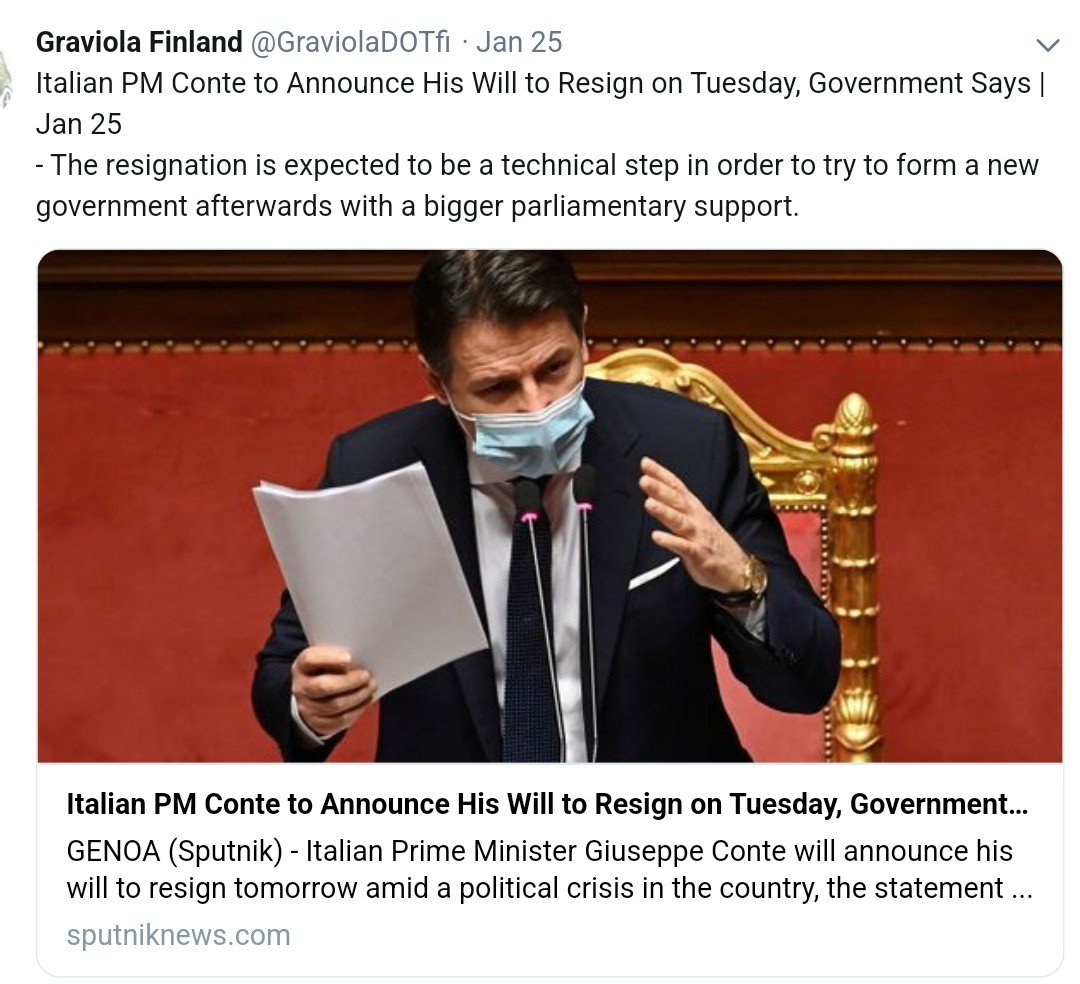#Italian PM #Conte to Announce His Will to #Resign on Tuesday, Government Says | Jan 25,2021
 - The resignation is expected to be 'a technical step' in order to try to form a new govt afterwards with a bigger parliamentary #support. 
web.archive.org/web/2021012601…
#Italygate #ItalyDidIt