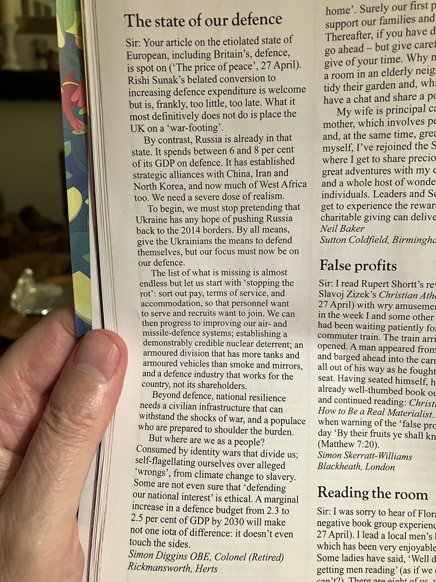 Defence: good Spectator letter from Army friend ⁦@SimonLeoDiggins⁩ 2.5% of GDP “too little, too late” ✅ More tanks, better housing ✅ National resilience needed ✅ Also asks: where are we as a people? Divisive identity politics & self-flagellation have taken a toll.