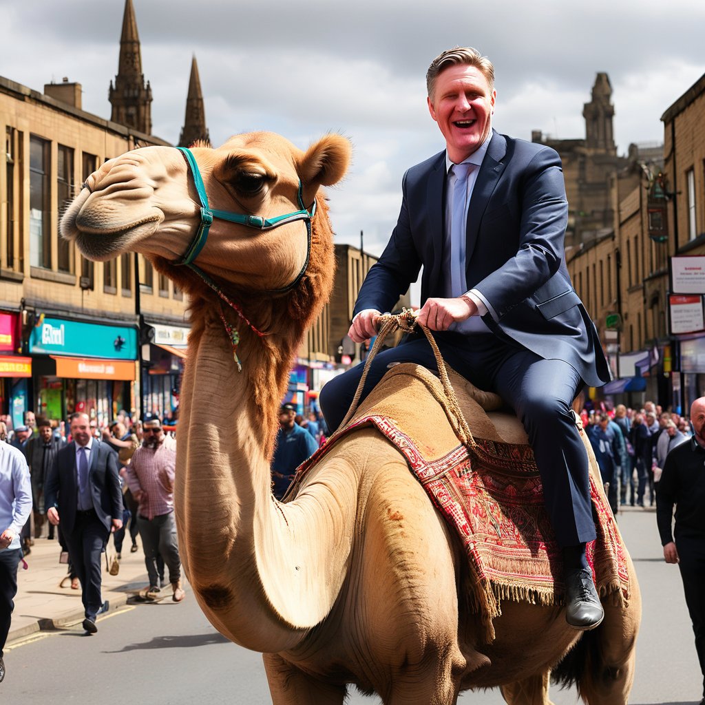 I have been messing with AI image generators. I asked it to create an image of Keir Starmer riding a camel through Rochdale. What do you think?