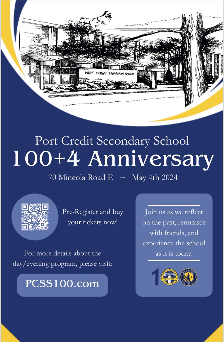 Did you attend #PortCredit Secondary School?  The 100th + 4 Anniversary is this Saturday!
#Mississauga #anniversary #alumni #AlumniReunion #MayTheLightNeverFail #PCSS #PortCreditSecondary