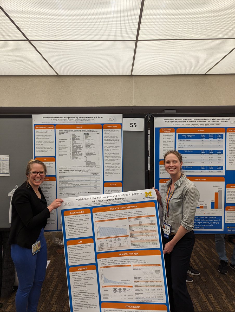 HMS was well represented at the University of Michigan's Dept. of IM Research Day! Drs. Elizabeth Munroe & Rachel Hechtman both shared their posters. The poster on preventable mortality among previously healthy sepsis patients won an abstract award! 👏 #sepsis #PICC #Michigan