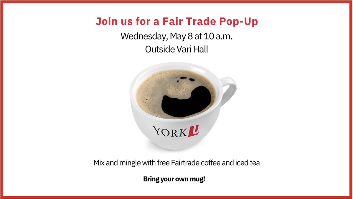 Join us at a Fair Trade Pop-up! Mix and mingle with complimentary coffee, ice tea and mini chocolates, while quantities last. Wednesday, May 8 at 10 am., outside Vari Hall. ☕️ 🍫