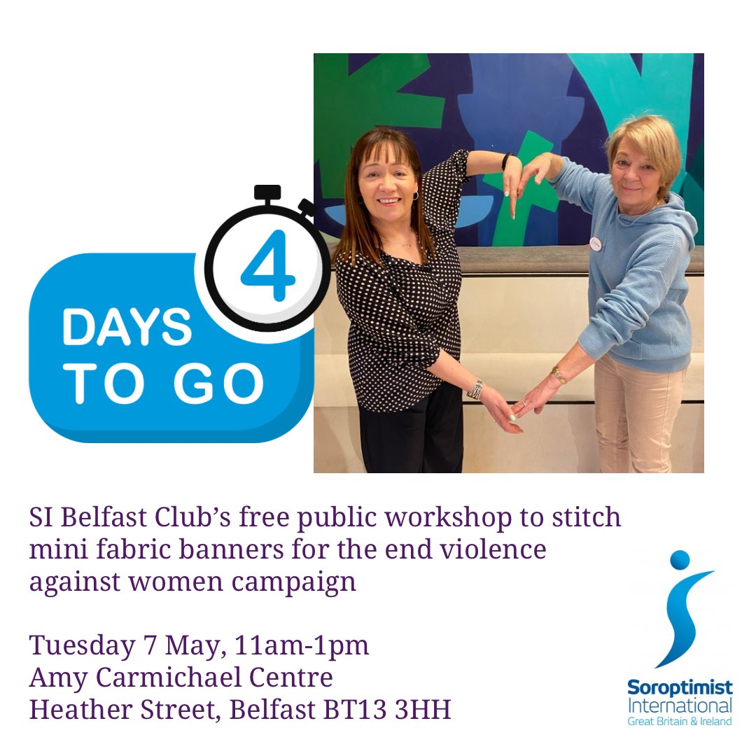4 days and counting. Join our free workshop on Tuesday 7 May, 11am-1pm, Amy Carmichael Centre, Belfast. #sibelfast16days2024 #sibelfast #soroptimist #women #amycarmichael @WomensaidBelLis #endviolenceagainstwomen #sigbi #stopdomesticabuse #whiteribbon #WomenSupportingWomen