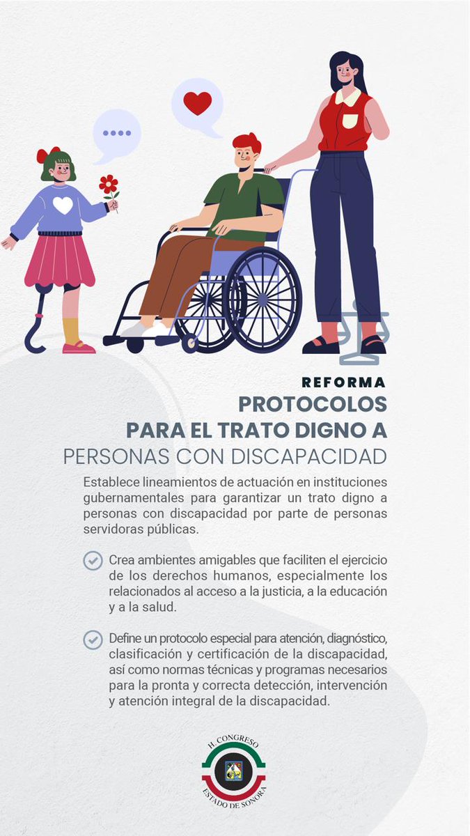♿️El Congreso de Sonora aprobó la modificación de diez ordenamientos jurídicos, con el objetivo de que personas servidoras públicas brinden un trato digno a quienes cuenten con alguna discapacidad.
