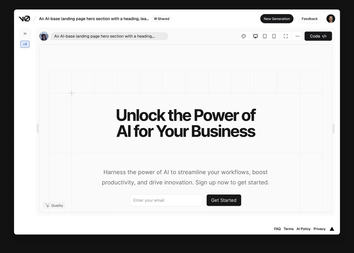 rauchg's tweet photo. https://t.co/IzUlJQzIEI + custom design system has been achieved internally

below is a generation using the @vercel geist design system, from a basic text prompt https://t.co/bZpsPPXNN7