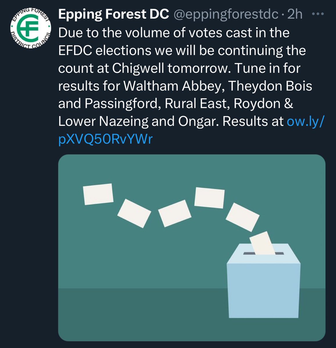 Seems Epping Forest has stopped the count this evening due to the number of ballots. So no result expected tonight