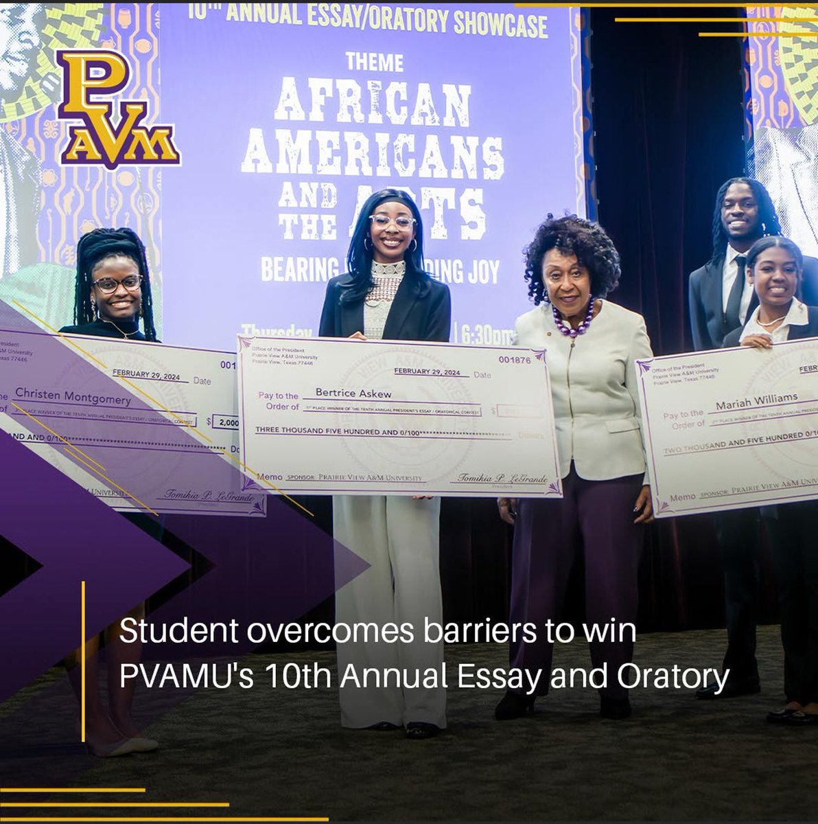 Student overcomes barriers to win PVAMU’s 10th Annual Essay and Oratory Contest🗣️. To read article📰, Click the link 🔗: pvamu.edu/blog/student-o….📖✍🏾🥳🐾 #PVAMU #PV