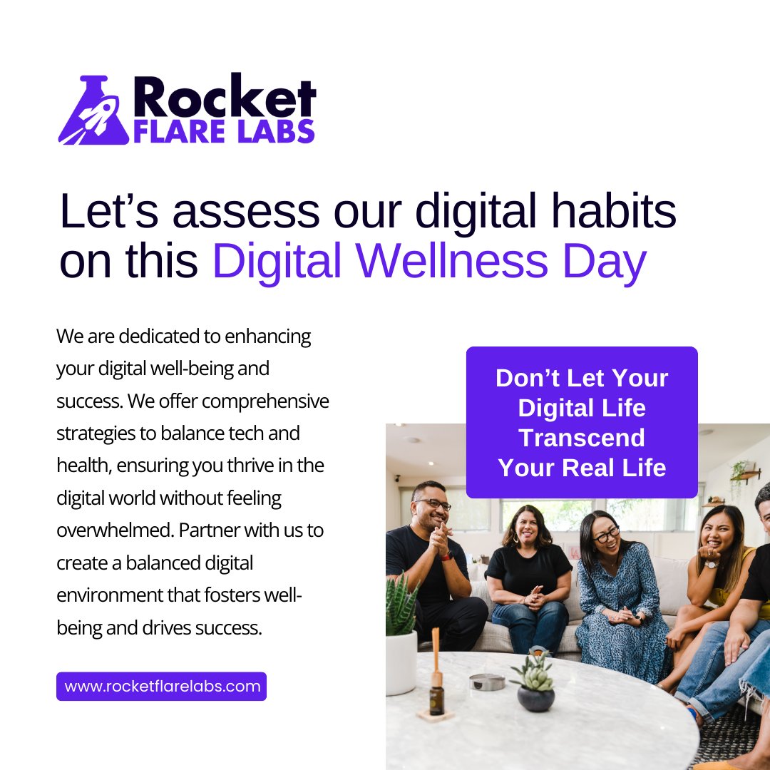 On this 𝐃𝐢𝐠𝐢𝐭𝐚𝐥 𝐖𝐞𝐥𝐥𝐧𝐞𝐬𝐬 𝐃𝐚𝐲, let’s raise awareness 📢 about taking care of yourself in the process of achieving success. 🏆 

Visit 👉 bit.ly/3N8u2jt and reshape your cyber journey. 🤝

#DigitalWellnessDay #TechCompany #RocketFlareLabs