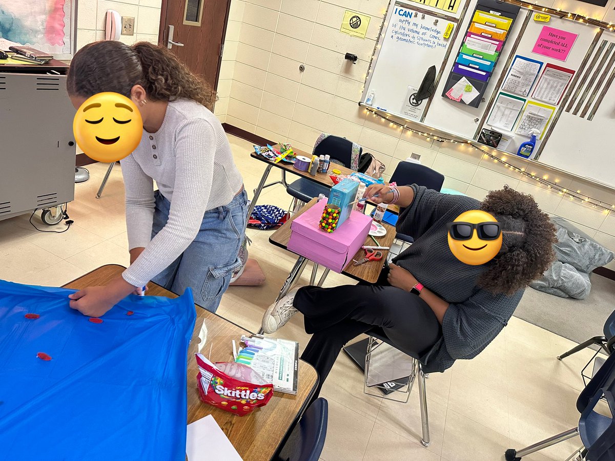 CStephens1246's tweet photo. The geometric sculptures are coming along!! They look super awesome 🤩 Can’t wait for the finishing touches on Monday. We will solve for the total volume of each figure next week, too! 🎉 Very impressed with what these kiddos have come up with! https://t.co/zOMUvztqVy
