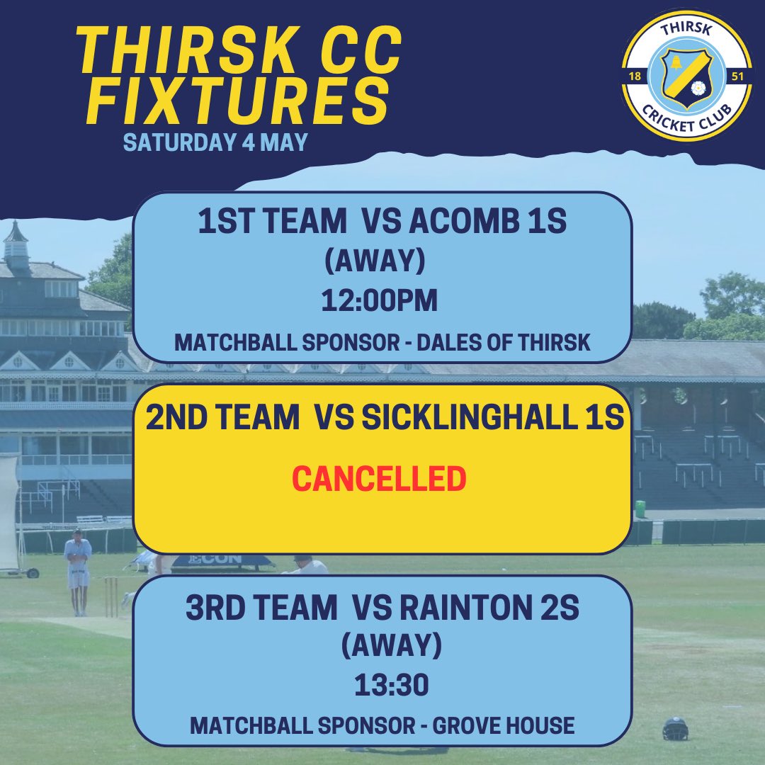 Here are the tomorrows fixtures! Everyone is away, but unfortunately the 2nd teams game against Sicklinghall 1s has been cancelled. Thank you to our matchball sponsors!