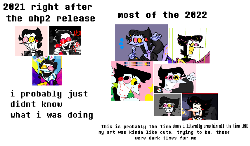 coolcheese51's tweet photo. actually evolution of me drawing spamton. 
its one of the situation they talk about where someone draws a character so often you can see how their style develops over time this is the exact thing https://t.co/sQdTYm2NeH