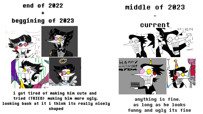 coolcheese51's tweet photo. actually evolution of me drawing spamton. 
its one of the situation they talk about where someone draws a character so often you can see how their style develops over time this is the exact thing https://t.co/sQdTYm2NeH