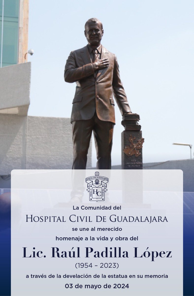 Con emoción vivimos hoy el sentido homenaje a la vida del Lic. Raúl Padilla López (1954-2023), al develarse la estatua in memoriam con que la comunidad @udg_oficial rinde tributo perenne al gran impulsor de la innovación y desarrollo de nuestra Alma Mater en su historia reciente.