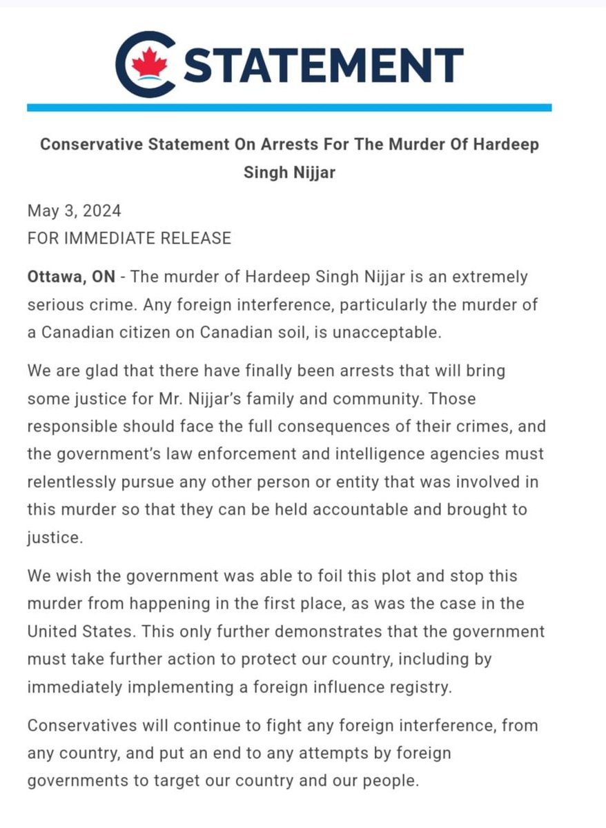 'Any foreign interference, particularly the murder of a Canadian citizen on Canadian soil, is unacceptable,' the @CPC_HQ said today in a statement on arrests made for the murder of Hardeep Singh Nijjar. 'Conservatives [will fight] any foreign interference, from any country...'