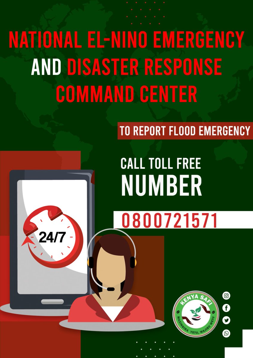 To report flood emergency, call the number on this poster.

@Mazingira254 @NDMU_Kenya @InteriorKE @EMS_Kenya @MeteoKenya @KenyaRedCross @KenyaWeWant_ 

#StaySafe