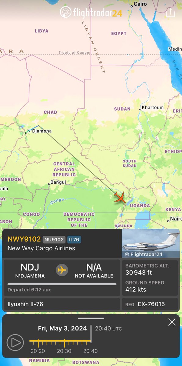 🇸🇩 My best catch so far regarding UAE involvment in Sudan. UAE Ilyushin Il-76 Freighter (EX-76015) left N'Djamena towards Am-Djarass, which hosts an Emirati Air Base, lost signal on the way at 03:00 pm. Reappeared 5 hours later near Uganda, confirming the destination.