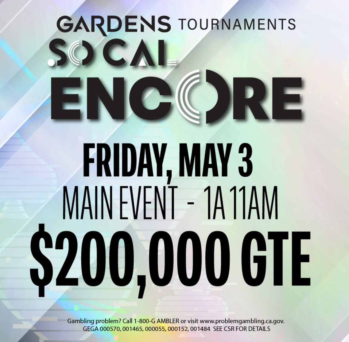 cavincasino's tweet image. #SoCalSpringSpecial #EncoreWeekend MAIN EVENT is underway with Reg open until 4:50pm today

$200,000 Guaranteed!
Day 2 is Sunday at 12pm w/min payout of $2,200 💰

thegardenscasino.com/tournaments/ma…