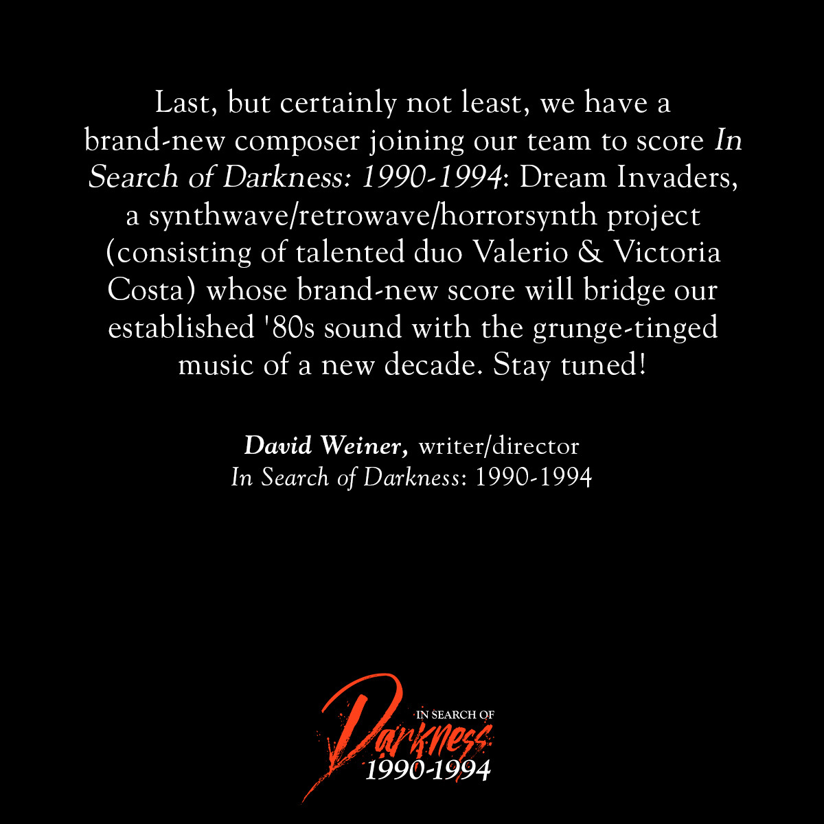 Writer/Director David Weiner provides an update on production for In Search of Darkness 1990-1994!
#90s #90shorror #horror #horrorfan #movies #InSearchofDarkness #90smovies #retrohorror #horrorclub #90shorrormovies #horrormovies #horrorcommunity #horrorfilms