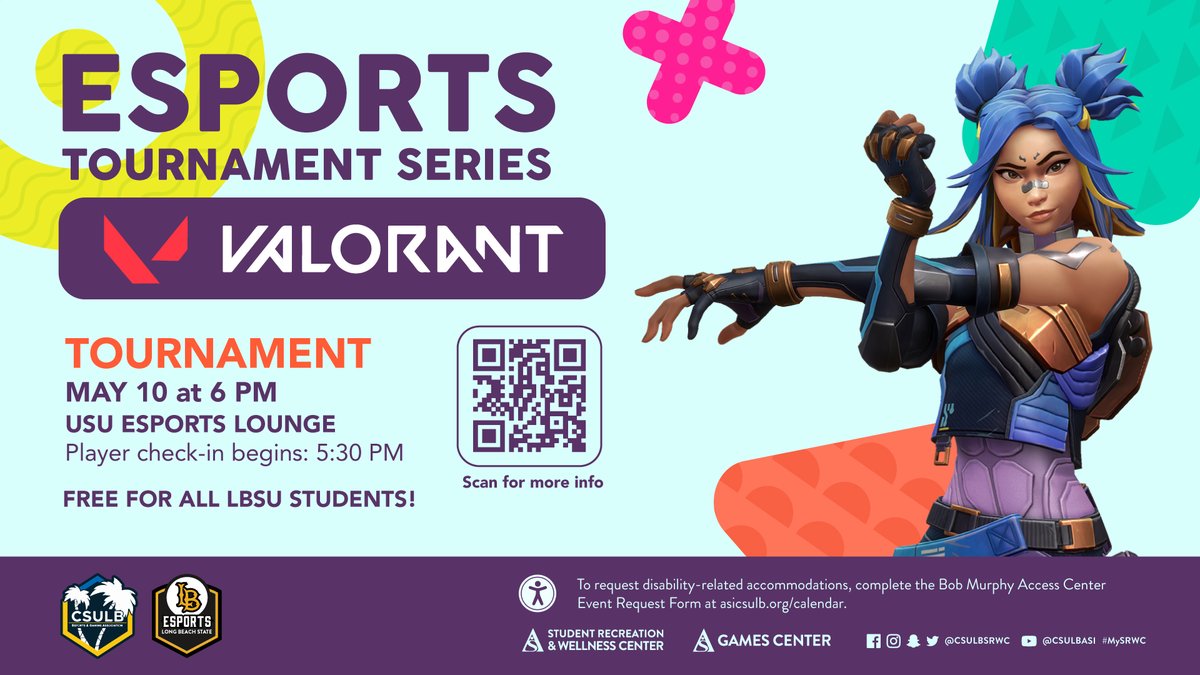 CSULBASI's tweet image. 🎮 Attention all Long Beach State University (LBSU) students to sign up for FREE and compete for a chance to win prizes and be crowned the next Esport Champion! Join us May 10 at 6 p.m. in the USU Esports Lounge for ASI's Valorant* Esports Tournament!
🔗 :bit.ly/4aRFfPu