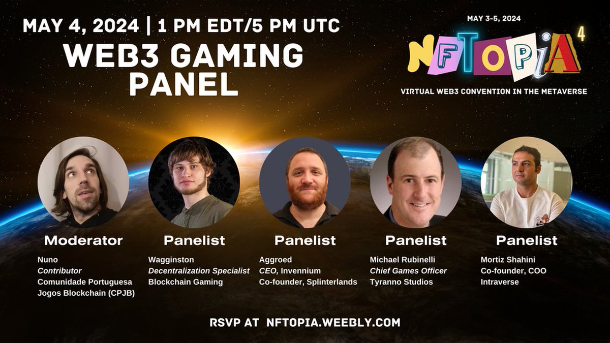 🎮 #Web3 gamers & traditional gamers unite! 🤝 Join the epic Web3 #Gaming Panel at #NFTOPIA4 on May 4th at 1:00 PM EDT featuring @MikeRubinelli! Explore the future of gaming & enjoy talent shows, Watch2Earn rewards, & more: nftopia.weebly.com.