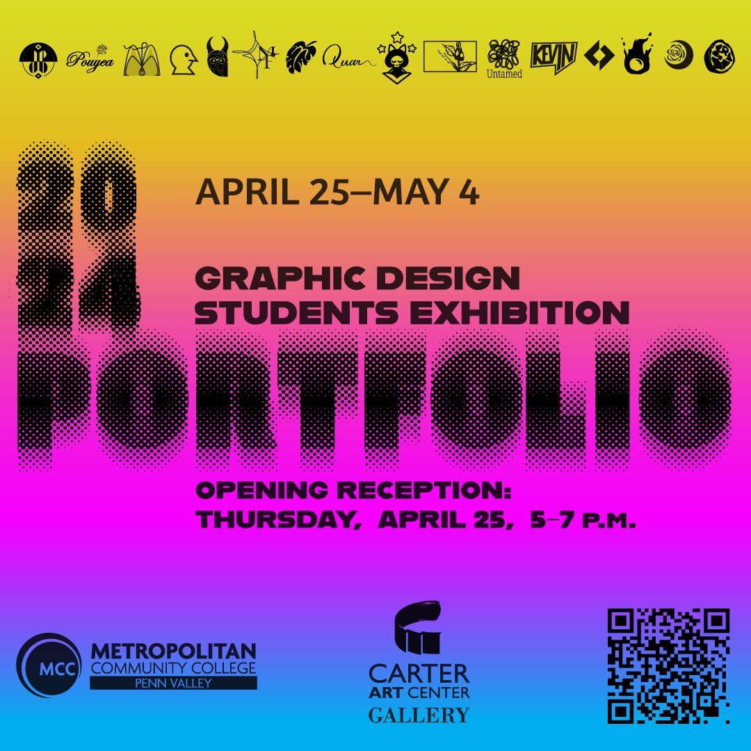 Don't miss the 2024 PORTFOLIO Graphic Design Students Exhibition, April 25 - May 4, at Carter Art Center, MCC-Penn Valley, 3201 SW Trafficway, Kansas City, MO 64111. Info: mcckc.edu/pvart /