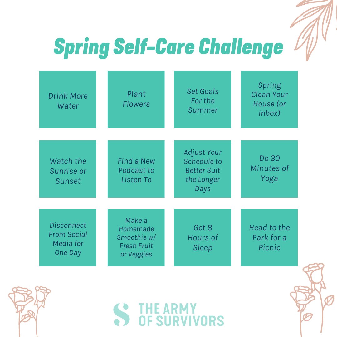 Spring into self-care with our Spring Self-Care Challenge! 🌷 Embrace the new season with these refreshing tasks designed to nurture your body, mind, and soul. Join us and tag @survivorsarmy to share your journey! 🌞🌱