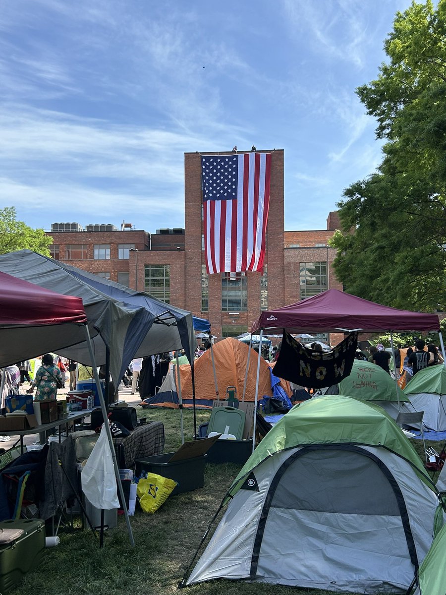 Yesterday at Washington University, the American flag was taken down and then replaced with a Palestinian one.

Today right in front of the pro-Palestine encampment, Old Glory was unfurled.

The counter-revolution is here 🇺🇸