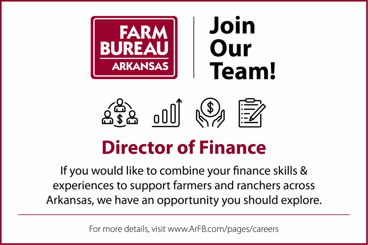 Join our team! ArFB is looking for a director of finance responsible for directing the daily activities of the Finance Department for the ArFB Federation, Farm Bureau Building, Inc. and affiliates. For more information or to apply visit arfb.com/pages/careers/.