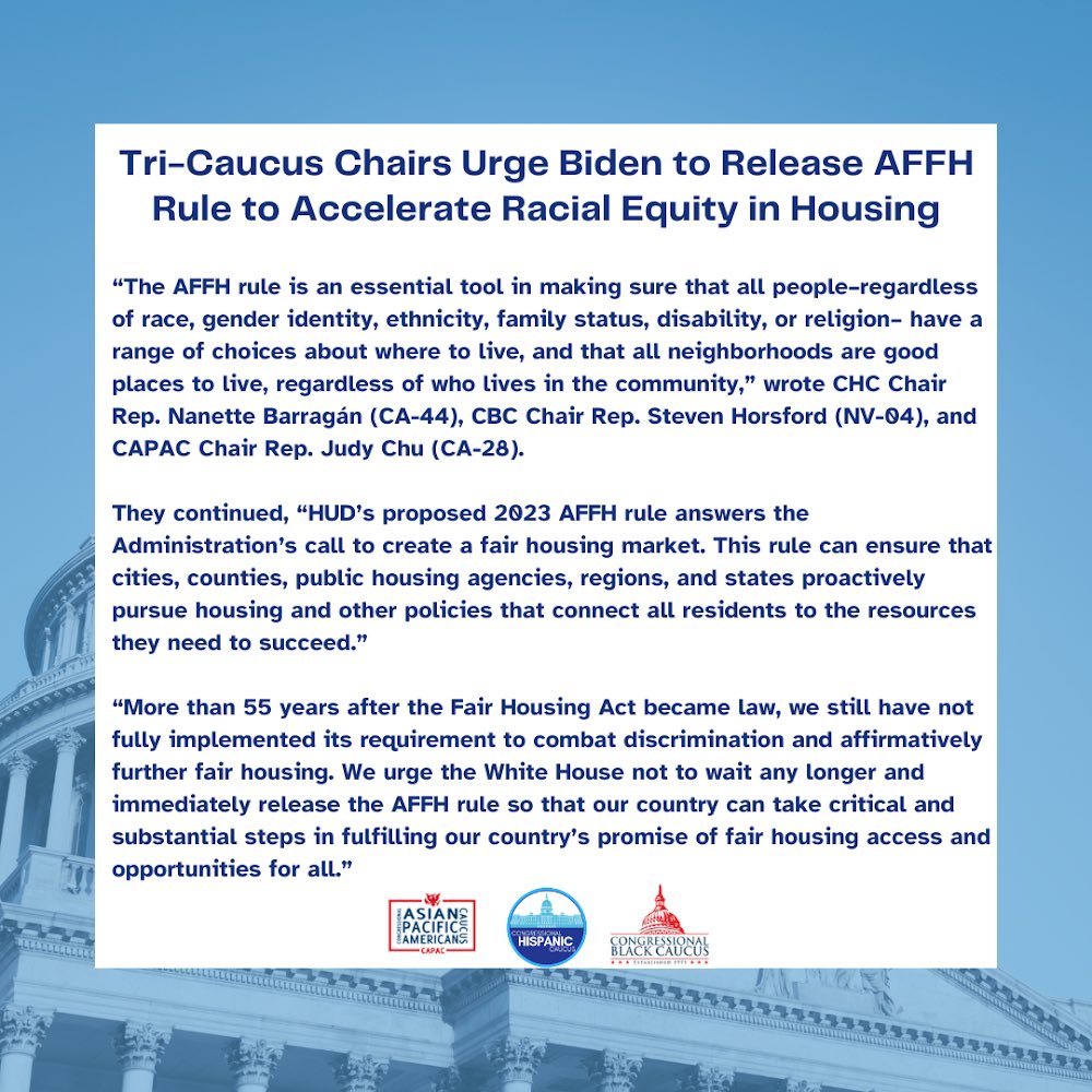 Tri-Caucus Chairs Statement Urging Biden to Release Affirmatively Furthering Fair Housing Rule ⬇️ chc.house.gov/media-center/p…