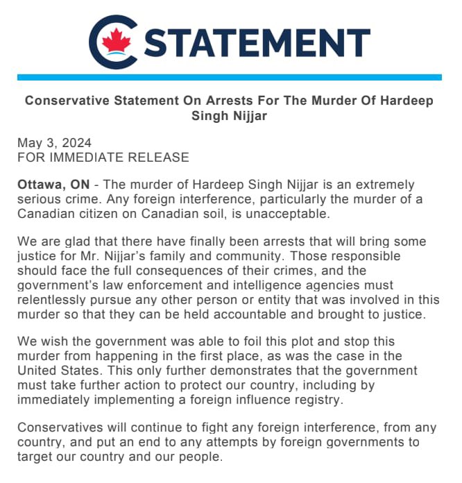 Conservative Statement on arrests for the murder of Hardeep Singh Nijjar.