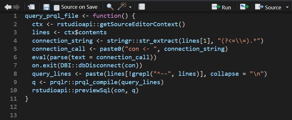 daranzolin's tweet photo. I asked @posit_pbc to eventually support #PRQL files (previewing/syntax highlighting) but in the meantime, you can edit and preview .prql files via the #rstats {prqlr} and {rstudioapi} 📦:

I have it hotkeyed to Ctrl+Shift+Q.

Support the issue: https://t.co/6YofpGePqq https://t.co/3NEkP6t1Bo