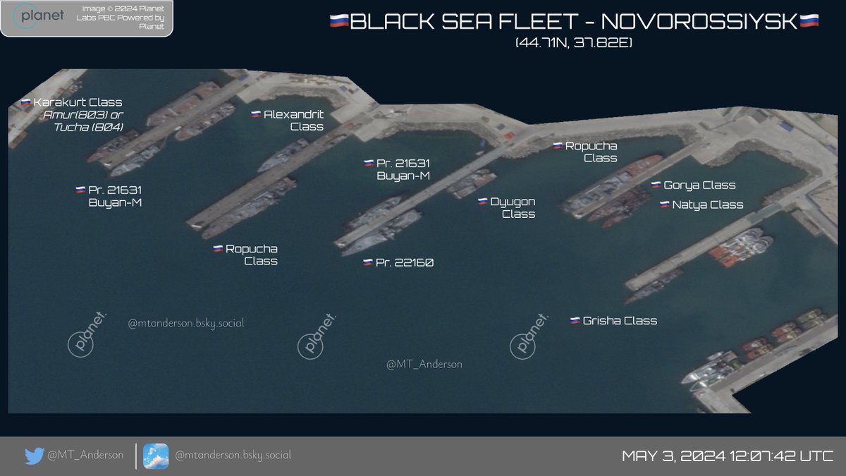 🇷🇺BSF: NOVOROSSIYSK🇷🇺 0.5m📷 from 3 May 2024. Always nice to get a look at both Sevastopol & Novorossiysk on the same day. Vast majority of BSF remains in Novo. 1x Karakurt and 1x KILO missing.