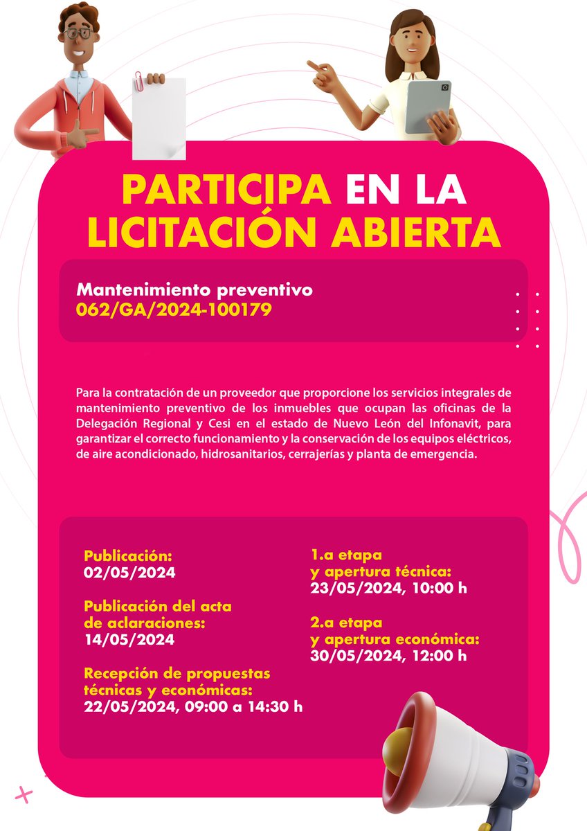 Participa en la licitación abierta para mantenimiento preventivo de los inmuebles de la Delegación Regional y Cesi Nuevo León. 👉🏽 bit.ly/3TJWlax