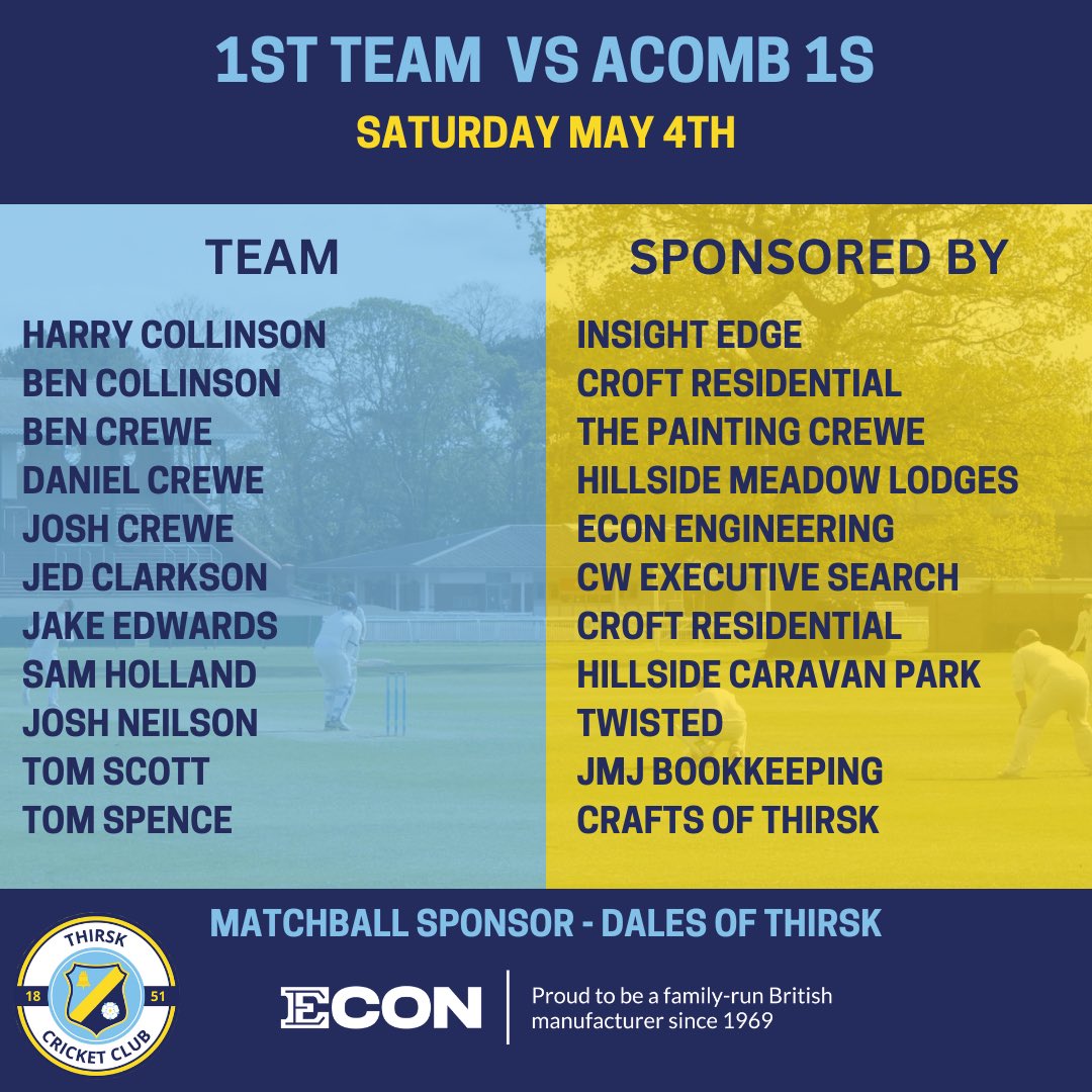 The 1s take the trip to Acomb as they look to carry on their winning start to the season. Matchball is kindly sponsored by @dales_of_thirsk #wearethirsk #yorkshirecricket #cricket