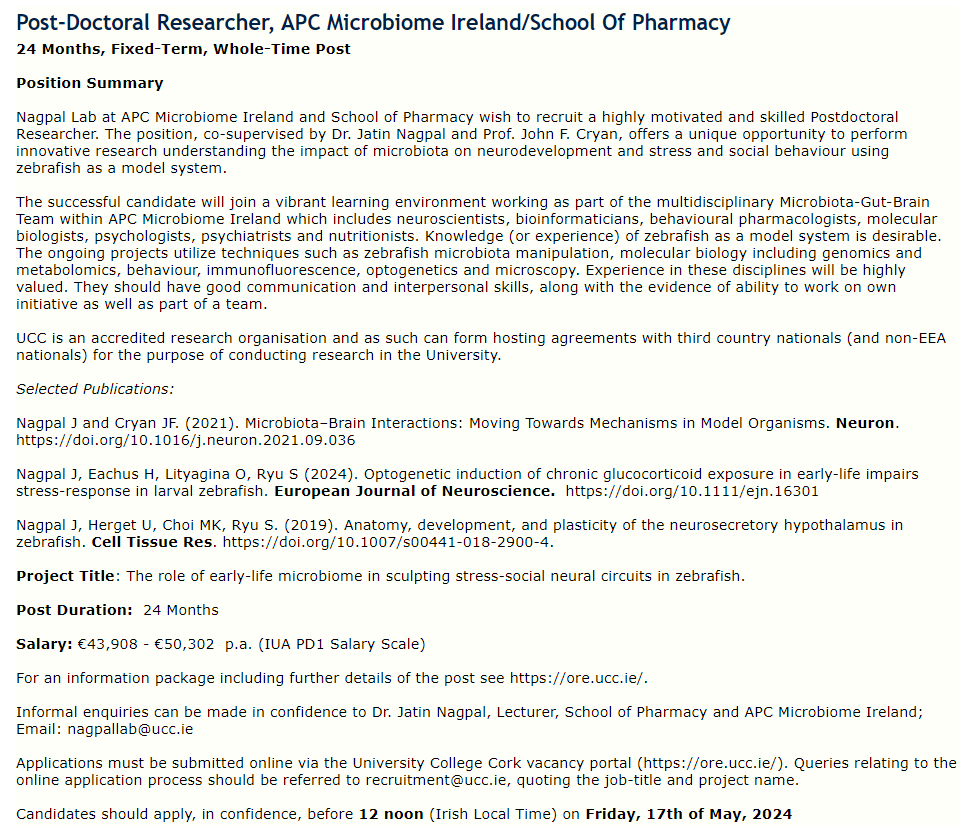 Interested in #microbiome, neurodevelopment, stress and social behavior in #zebrafish? We have an open #Postdoc position with me and @jfcryan at @Pharmabiotic @Pharmacy_UCC. Details & apply at ore.ucc.ie; Job ID: 076971. Deadline - May 17, 2024.🧠🦠🐟🔬🧬