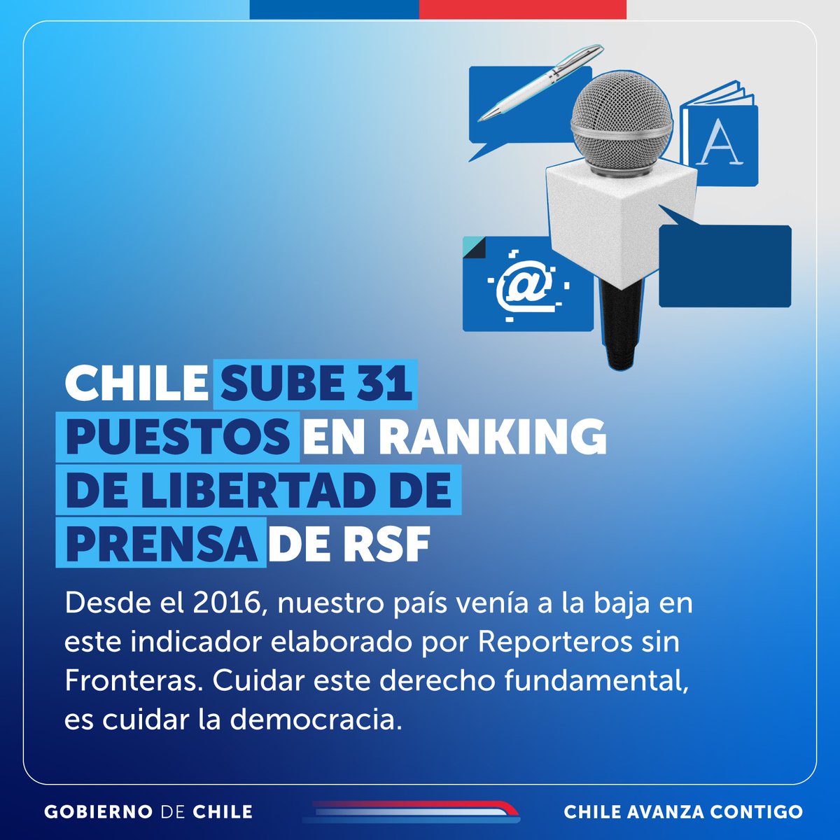 ¡Gran noticia en el Día Mundial de la Libertad de Prensa! 👏 Por primera vez desde el 2016, Chile subió 31 puestos en el ranking de libertad de prensa elaborado por Reporteros sin Fronteras. Cuidar este derecho fundamental, significa cuidar nuestra democracia, presente y futuro.