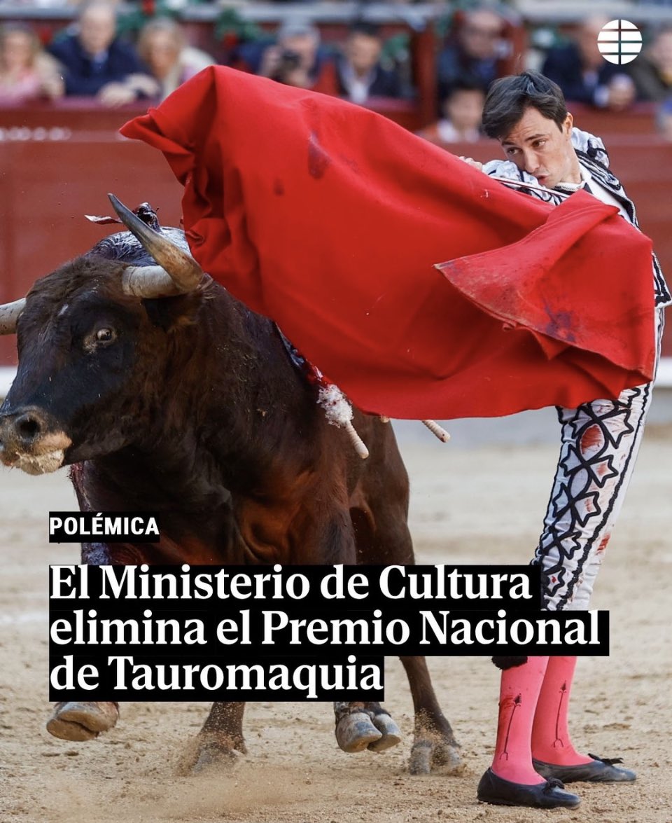 🇪🇸 Bonne nouvelle venue d'Espagne ! 🐂 Le ministre de la Culture @ernesturtasun (Sumar) met fin au Prix National de la Tauromachie. Aucune tradition ne saurait justifier l'élévation de la torture au rang de pratique artistique digne de récompense. Bravo 👏